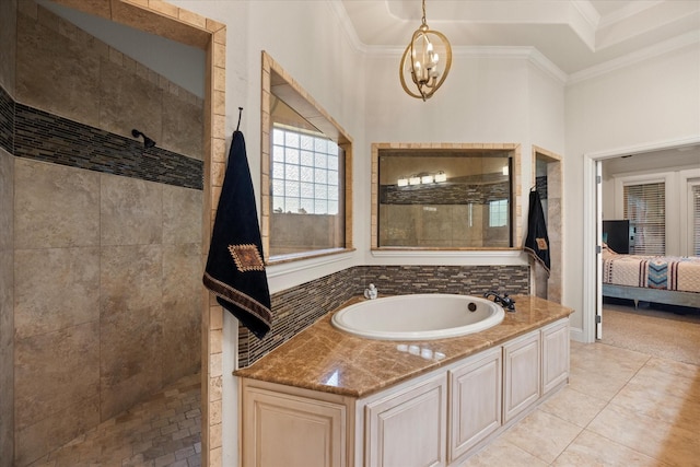 3712 Lonesome Creek Rd, Granbury, TX 76049 - ensuite bathroom featuring crown molding, walk in shower, a bath, a chandelier, and tile patterned flooring