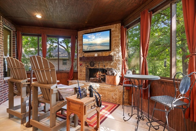 3712 Lonesome Creek Rd, Granbury, TX 76049 - sunroom with wooden ceiling, plenty of natural light, and tile patterned floors