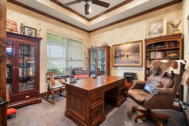3712 Lonesome Creek Rd, Granbury, TX 76049 - office featuring crown molding, a ceiling fan, carpet flooring, and a raised ceiling