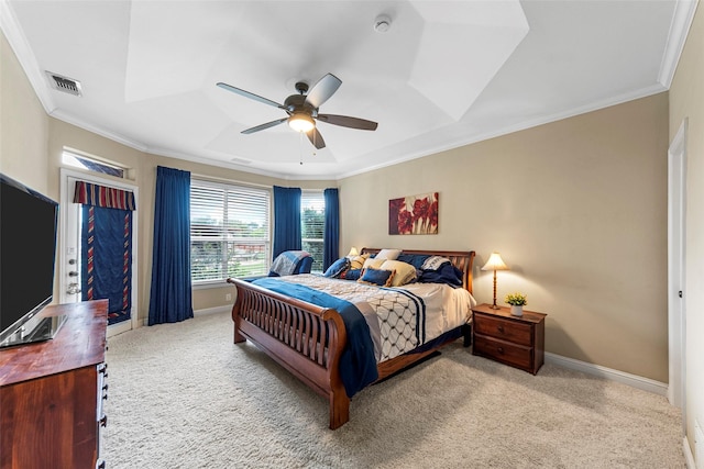 1621 Grandberry Dr, Melissa, TX 75454 - bedroom featuring carpet flooring, ornamental molding, baseboards, a ceiling fan, and a tray ceiling