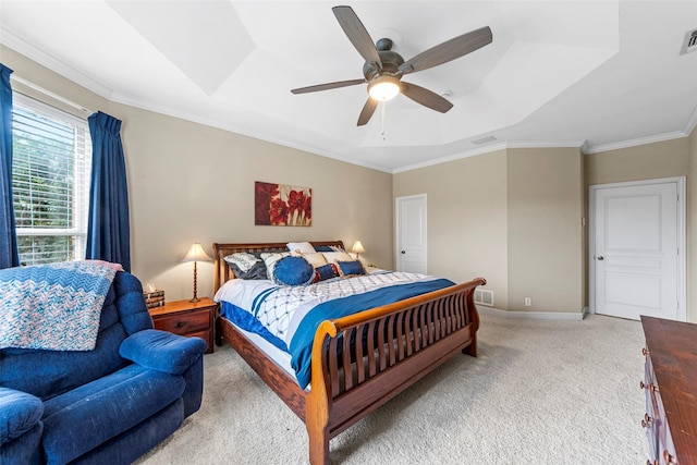 1621 Grandberry Dr, Melissa, TX 75454 - bedroom with light carpet, ornamental molding, a ceiling fan, baseboards, and a tray ceiling