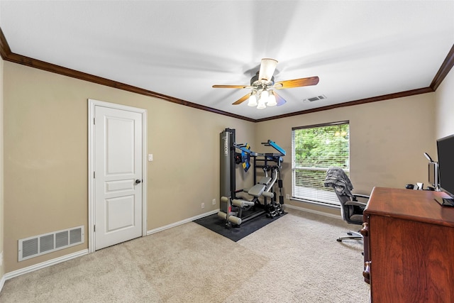 1621 Grandberry Dr, Melissa, TX 75454 - home office with carpet floors, baseboards, a ceiling fan, and crown molding