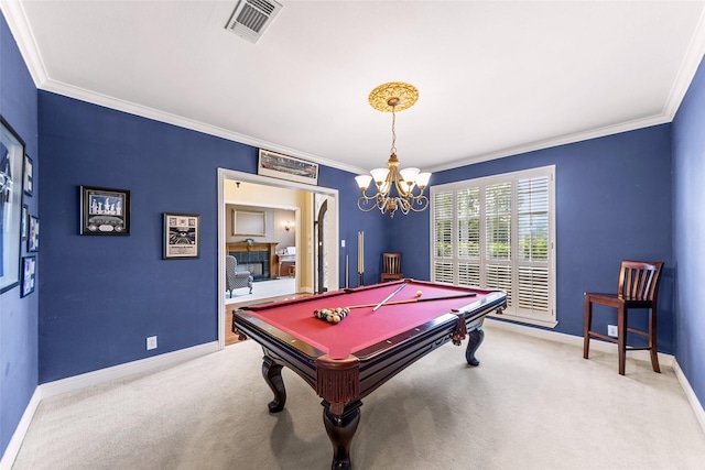 1621 Grandberry Dr, Melissa, TX 75454 - game room featuring light carpet, crown molding, baseboards, pool table, and a chandelier