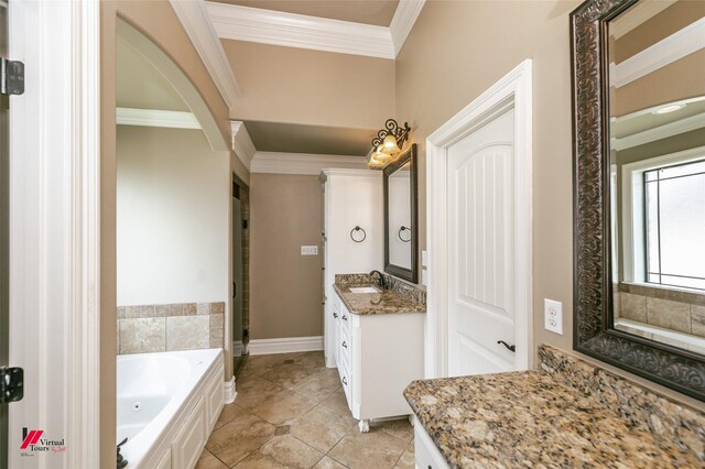 171 Lori Dr, Stonewall, LA 71078 - full bathroom with crown molding, vanity, a jetted tub, tile patterned flooring, and a stall shower