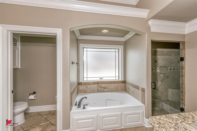 171 Lori Dr, Stonewall, LA 71078 - full bath featuring a stall shower, toilet, a tub with jets, and ornamental molding
