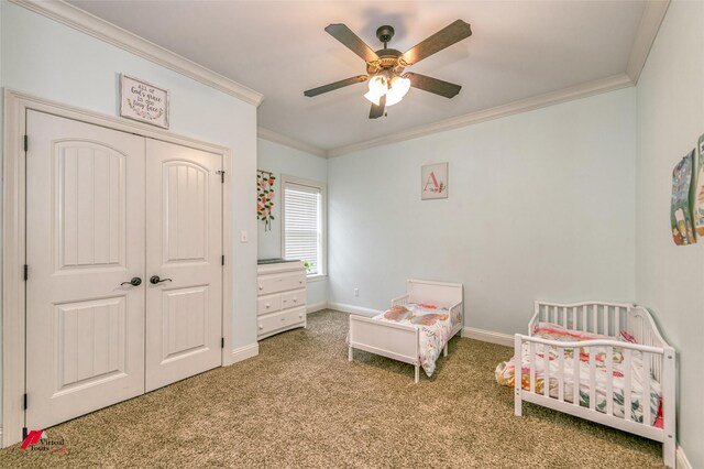 171 Lori Dr, Stonewall, LA 71078 - bedroom with ornamental molding, carpet, baseboards, a closet, and a ceiling fan