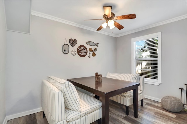 6505 Oakwood Lake Ct, Granbury, TX 76049 - dining area featuring baseboards, wood finished floors, crown molding, and ceiling fan
