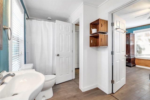 6505 Oakwood Lake Ct, Granbury, TX 76049 - full bathroom with a sink, wood finished floors, baseboards, toilet, and crown molding