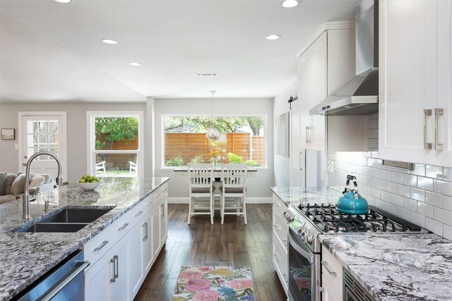 4018 Crown Shore Dr, Dallas, TX 75244 - kitchen featuring stainless steel appliances, wall chimney exhaust hood, a sink, dark wood-type flooring, and plenty of natural light