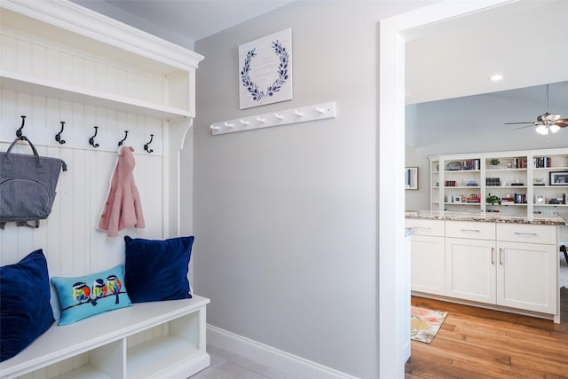 4018 Crown Shore Dr, Dallas, TX 75244 - mudroom with a ceiling fan, baseboards, and light wood-type flooring