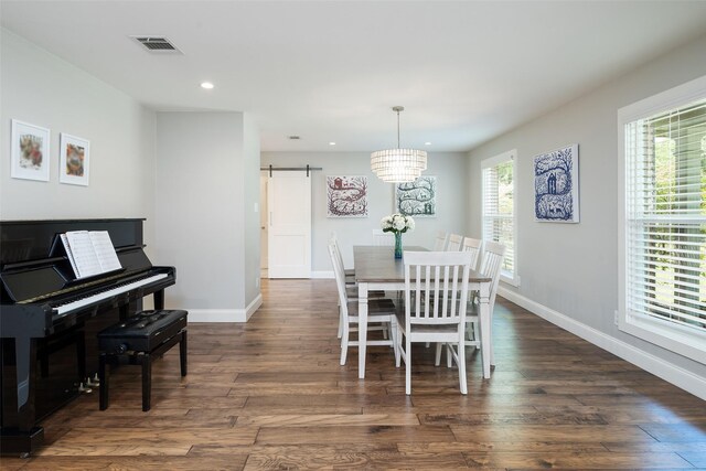 4018 Crown Shore Dr, Dallas, TX 75244 - dining room with a barn door, recessed lighting, baseboards, and dark wood finished floors