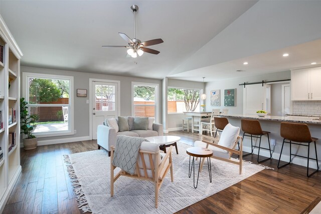 4018 Crown Shore Dr, Dallas, TX 75244 - living room featuring a ceiling fan, lofted ceiling, hardwood / wood-style flooring, recessed lighting, and baseboards