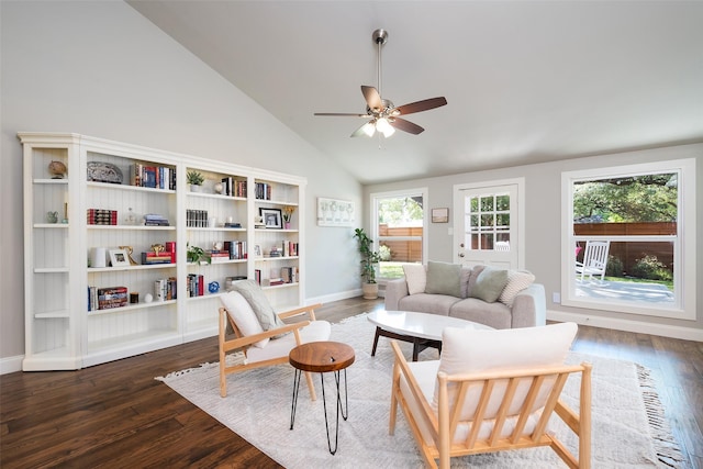 4018 Crown Shore Dr, Dallas, TX 75244 - living room featuring dark wood-type flooring, a ceiling fan, baseboards, and high vaulted ceiling