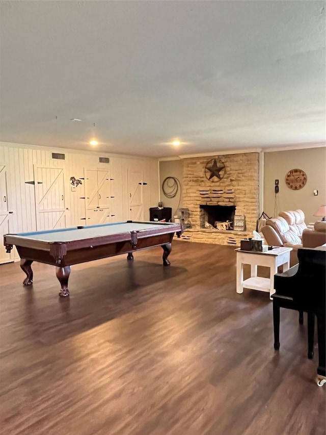 2277 County Road 338, Dublin, TX 76446 - playroom featuring dark wood-style floors, billiards, a stone fireplace, and ornamental molding