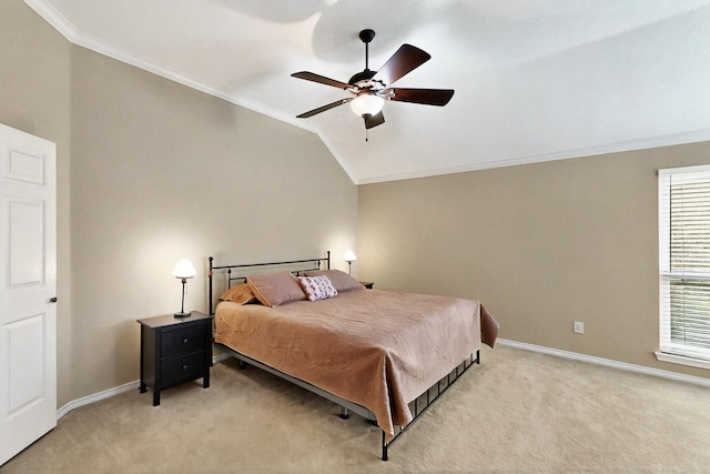 6916 Arvida Dr, Plano, TX 75023 - bedroom with ornamental molding, light carpet, baseboards, vaulted ceiling, and a ceiling fan