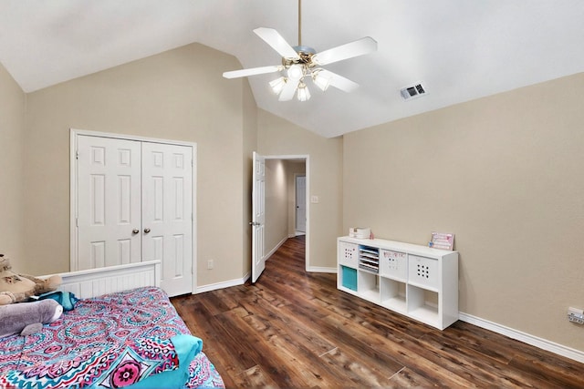 6916 Arvida Dr, Plano, TX 75023 - bedroom featuring dark wood-type flooring, high vaulted ceiling, ceiling fan, baseboards, and a closet