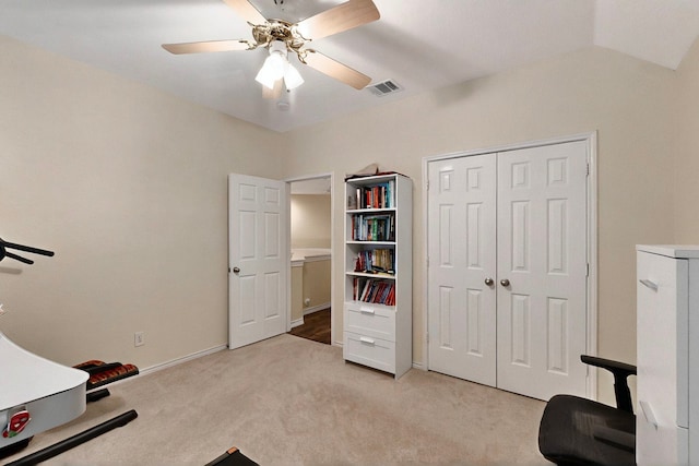 6916 Arvida Dr, Plano, TX 75023 - workout room featuring a ceiling fan, light carpet, lofted ceiling, and baseboards