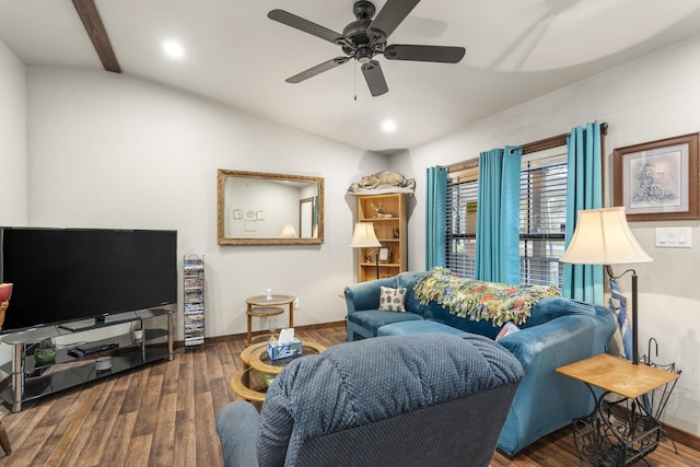 123 Little River Bnd, Mabank, TX 75156 - living area featuring vaulted ceiling, wood finished floors, ceiling fan, baseboards, and recessed lighting