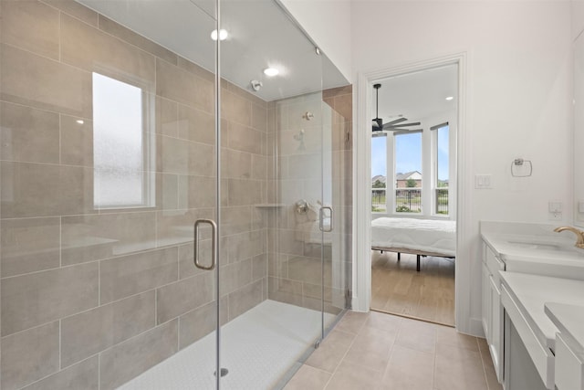 1812 Welker Dr, Van Alstyne, TX 75495 - full bath with ensuite bathroom, a shower stall, double vanity, tile patterned flooring, and recessed lighting