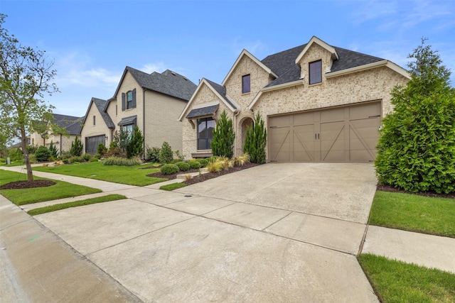 1812 Welker Dr, Van Alstyne, TX 75495 - french provincial home featuring driveway, a front lawn, an attached garage, brick siding, and roof with shingles
