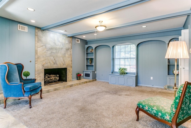 907 Glen Dell Dr, Irving, TX 75061 - carpeted living room featuring recessed lighting, a fireplace, and beam ceiling