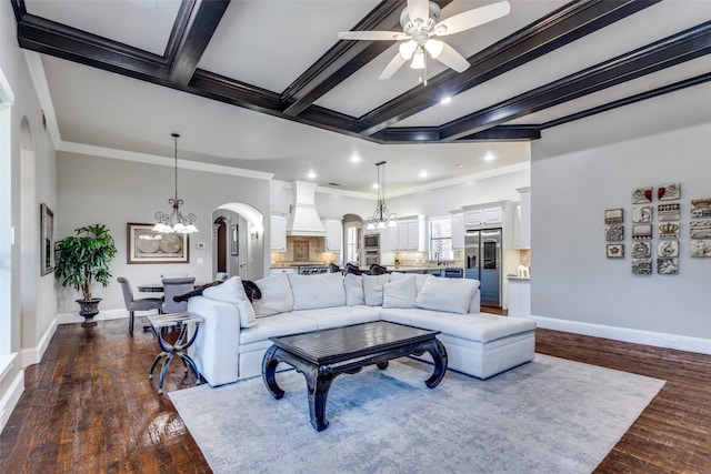11626 Capitan Ln, Frisco, TX 75033 - living area with a chandelier, ornamental molding, a ceiling fan, arched walkways, and recessed lighting