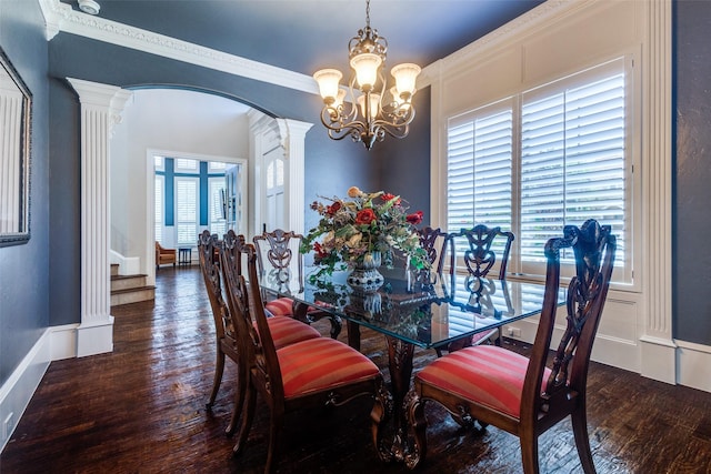 11626 Capitan Ln, Frisco, TX 75033 - dining area featuring a chandelier, wood-type flooring, arched walkways, and stairs