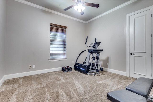 11626 Capitan Ln, Frisco, TX 75033 - exercise area with baseboards, carpet flooring, a ceiling fan, and crown molding