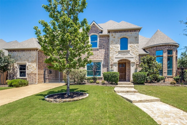 11626 Capitan Ln, Frisco, TX 75033 - french provincial home featuring a front lawn, stone siding, and brick siding