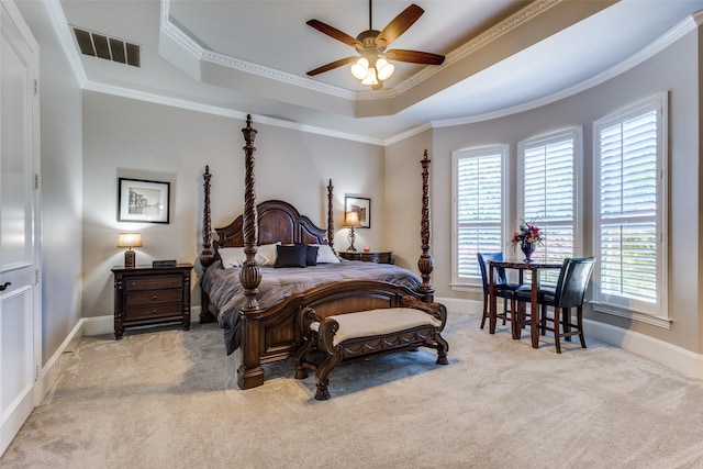 11626 Capitan Ln, Frisco, TX 75033 - carpeted bedroom with a tray ceiling, baseboards, ornamental molding, and a ceiling fan