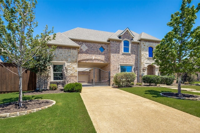 11626 Capitan Ln, Frisco, TX 75033 - french provincial home featuring a gate, brick siding, roof with shingles, and driveway