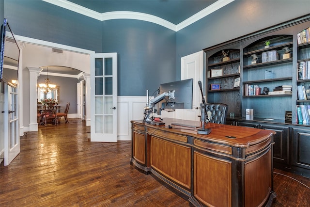 11626 Capitan Ln, Frisco, TX 75033 - office area with french doors, ornamental molding, arched walkways, ornate columns, and a chandelier