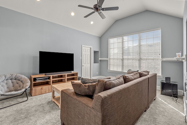 2433 Mallard Dr, Little Elm, TX 75068 - living room with light colored carpet, lofted ceiling, a ceiling fan, and recessed lighting