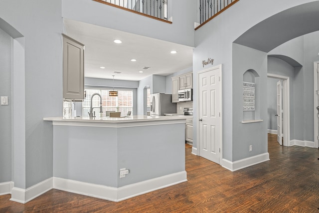 2433 Mallard Dr, Little Elm, TX 75068 - kitchen with stainless steel appliances, dark wood-style flooring, light countertops, baseboards, and a sink
