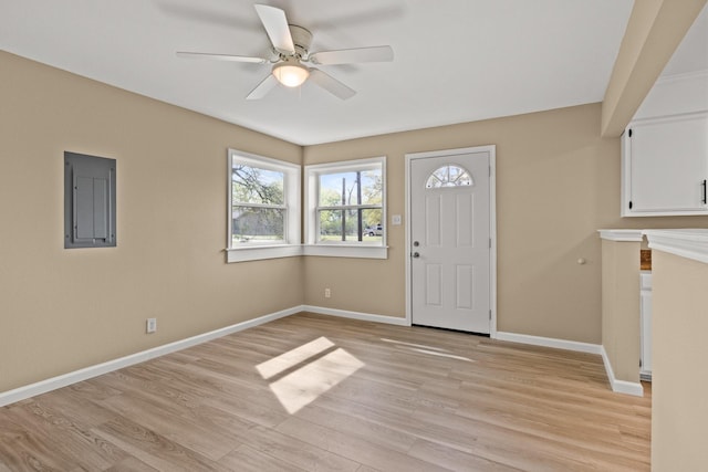 310 Reynolds, Pittsburg, TX 75686 - entrance foyer with electric panel, a ceiling fan, light wood-style flooring, and baseboards