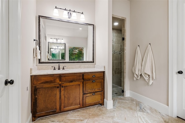 655 Creekway Dr, Irving, TX 75039 - full bathroom featuring vanity, a shower stall, baseboards, and marble finish flooring