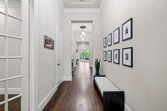 655 Creekway Dr, Irving, TX 75039 - hall with dark wood-style flooring, baseboards, and crown molding