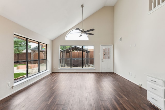 4103 Bendwood Ln, Dallas, TX 75287 - unfurnished living room featuring a ceiling fan, dark wood finished floors, and high vaulted ceiling