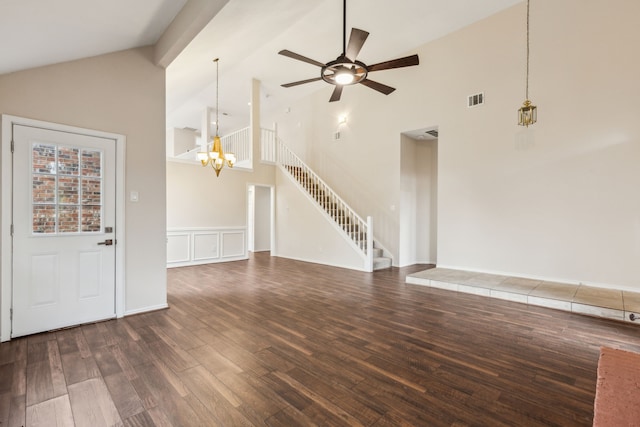 4103 Bendwood Ln, Dallas, TX 75287 - unfurnished living room featuring high vaulted ceiling, a chandelier, wood finished floors, ceiling fan, and stairs
