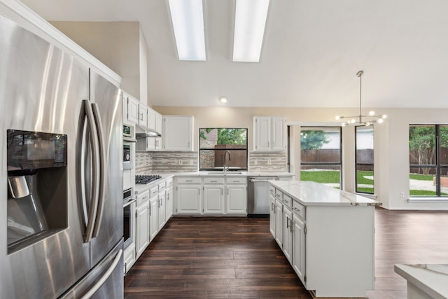 4103 Bendwood Ln, Dallas, TX 75287 - kitchen featuring appliances with stainless steel finishes, a sink, under cabinet range hood, tasteful backsplash, and lofted ceiling