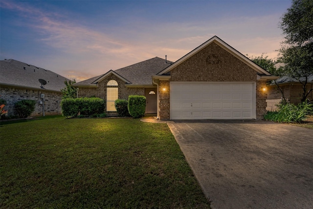 1039 Spring Hill Dr, Saginaw, TX 76179 - view of front of home featuring driveway, brick siding, a front lawn, a garage, and roof with shingles