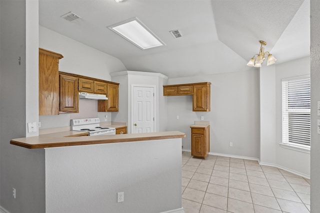 1039 Spring Hill Dr, Saginaw, TX 76179 - kitchen featuring white electric range, vaulted ceiling, brown cabinets, a chandelier, and under cabinet range hood