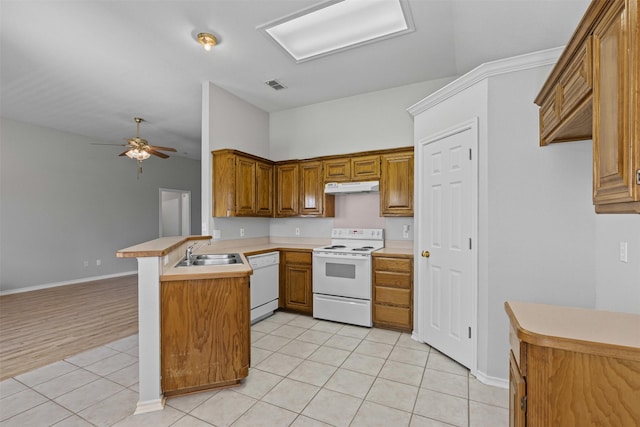 1039 Spring Hill Dr, Saginaw, TX 76179 - kitchen with white appliances, under cabinet range hood, a peninsula, brown cabinets, and light countertops