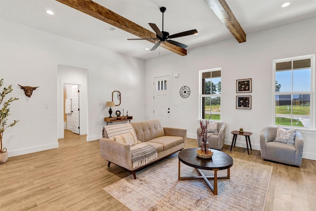 416 Redbud Ln, Tolar, TX 76476 - living room with beamed ceiling, healthy amount of natural light, light wood-style floors, ceiling fan, and recessed lighting