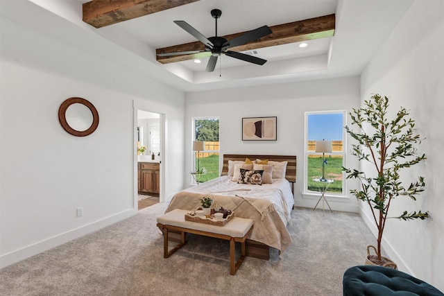 416 Redbud Ln, Tolar, TX 76476 - carpeted bedroom featuring beamed ceiling, baseboards, ensuite bath, ceiling fan, and recessed lighting