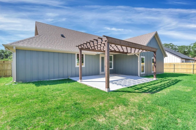 416 Redbud Ln, Tolar, TX 76476 - back of property featuring a pergola, a shingled roof, a patio, and board and batten siding