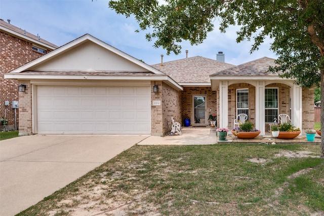 9912 Fillmore Dr, Mckinney, TX 75072 - ranch-style home with brick siding, concrete driveway, an attached garage, and a chimney