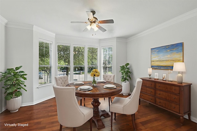 2410 Honey Dr, Arlington, TX 76001 - dining area featuring healthy amount of natural light, a ceiling fan, wood finished floors, and ornamental molding