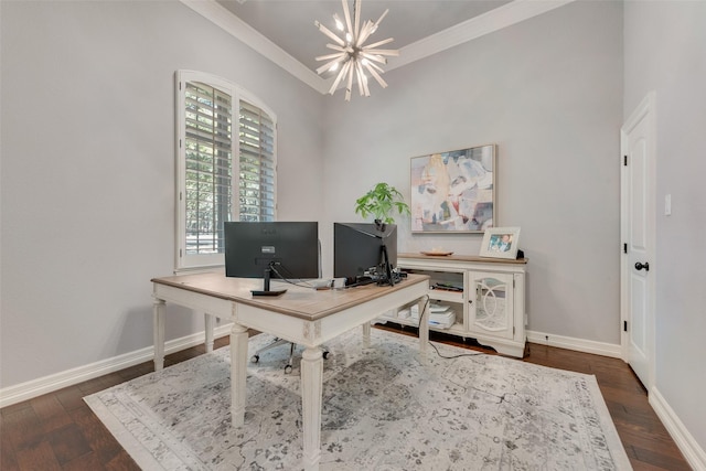 105 Orion Ct, Aurora, TX 76078 - home office featuring a chandelier, baseboards, ornamental molding, and dark wood-style floors