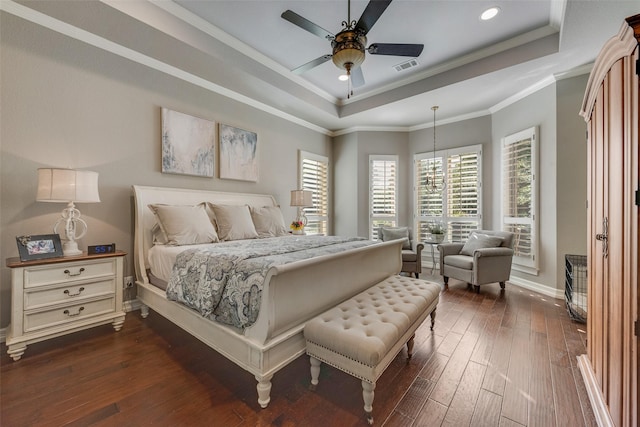 105 Orion Ct, Aurora, TX 76078 - bedroom featuring a raised ceiling, dark wood-type flooring, baseboards, recessed lighting, and ornamental molding